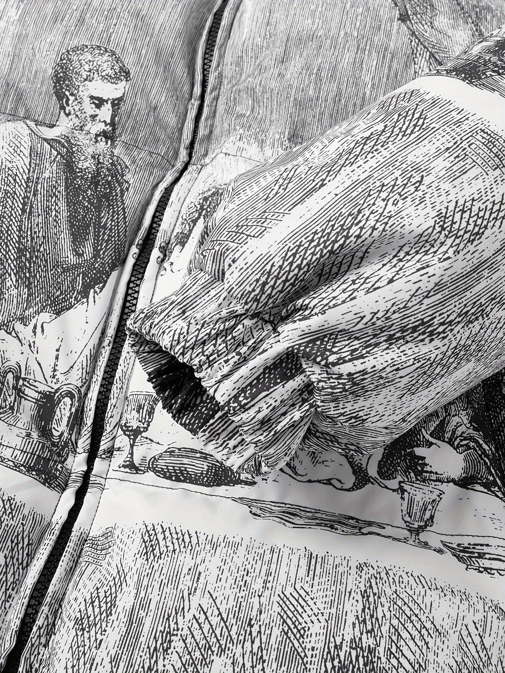 PUFFER JACKET WITH LAST SUPPER PRINT AND CASUAL MANDARIN COLLAR