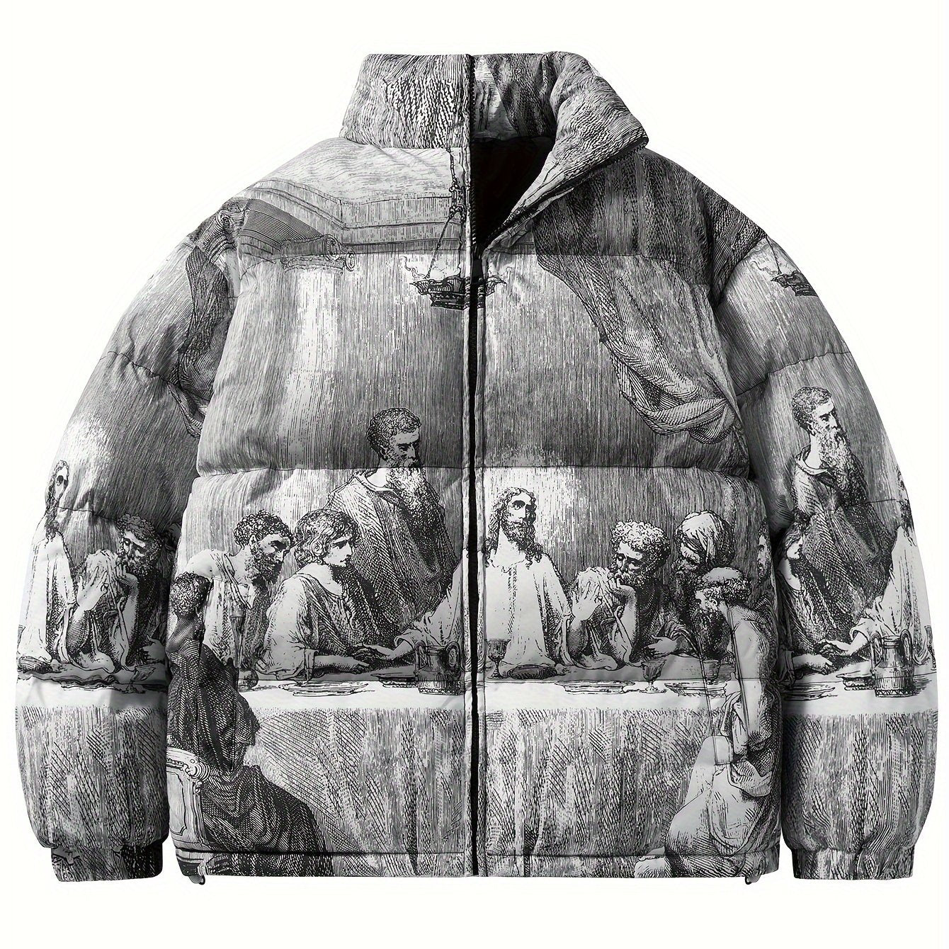 PUFFER JACKET WITH LAST SUPPER PRINT AND CASUAL MANDARIN COLLAR