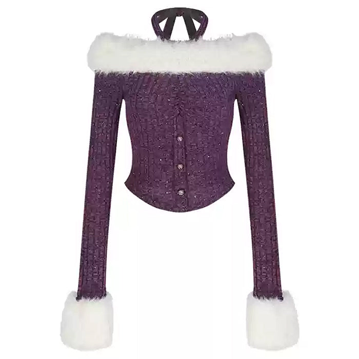 PURPLE FUR TRIM TUNIC ELEGANT CASUAL TOP FREE SIZE