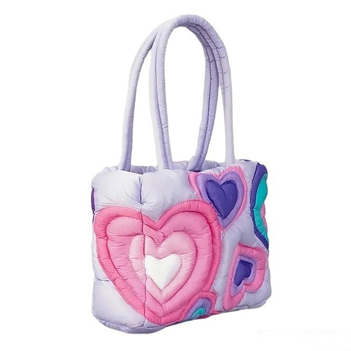 QUILTED HEART-PATTERNED PUFFER SHOULDER BAG FOR WOMEN