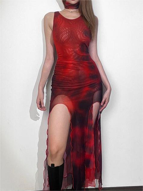 RED AND BLACK MESH BODYCON MAXI DRESS WITH HIGH LEG CUT