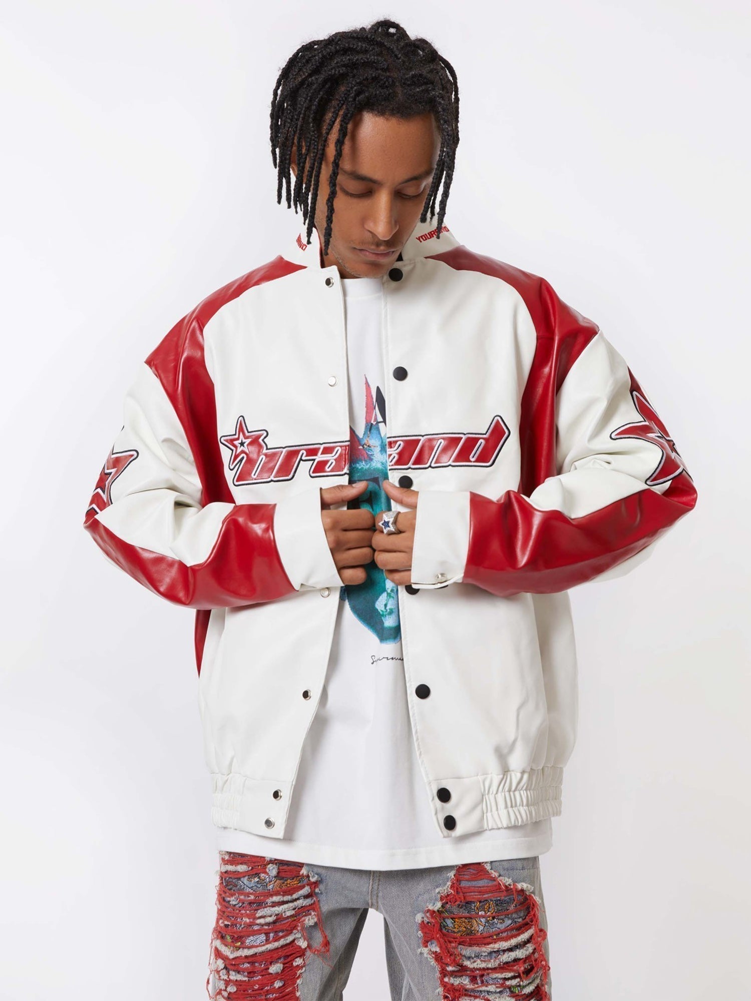 RED AND WHITE VARSITY JACKET WITH STAND COLLAR - TRENDY CASUAL LONG SLEEVE