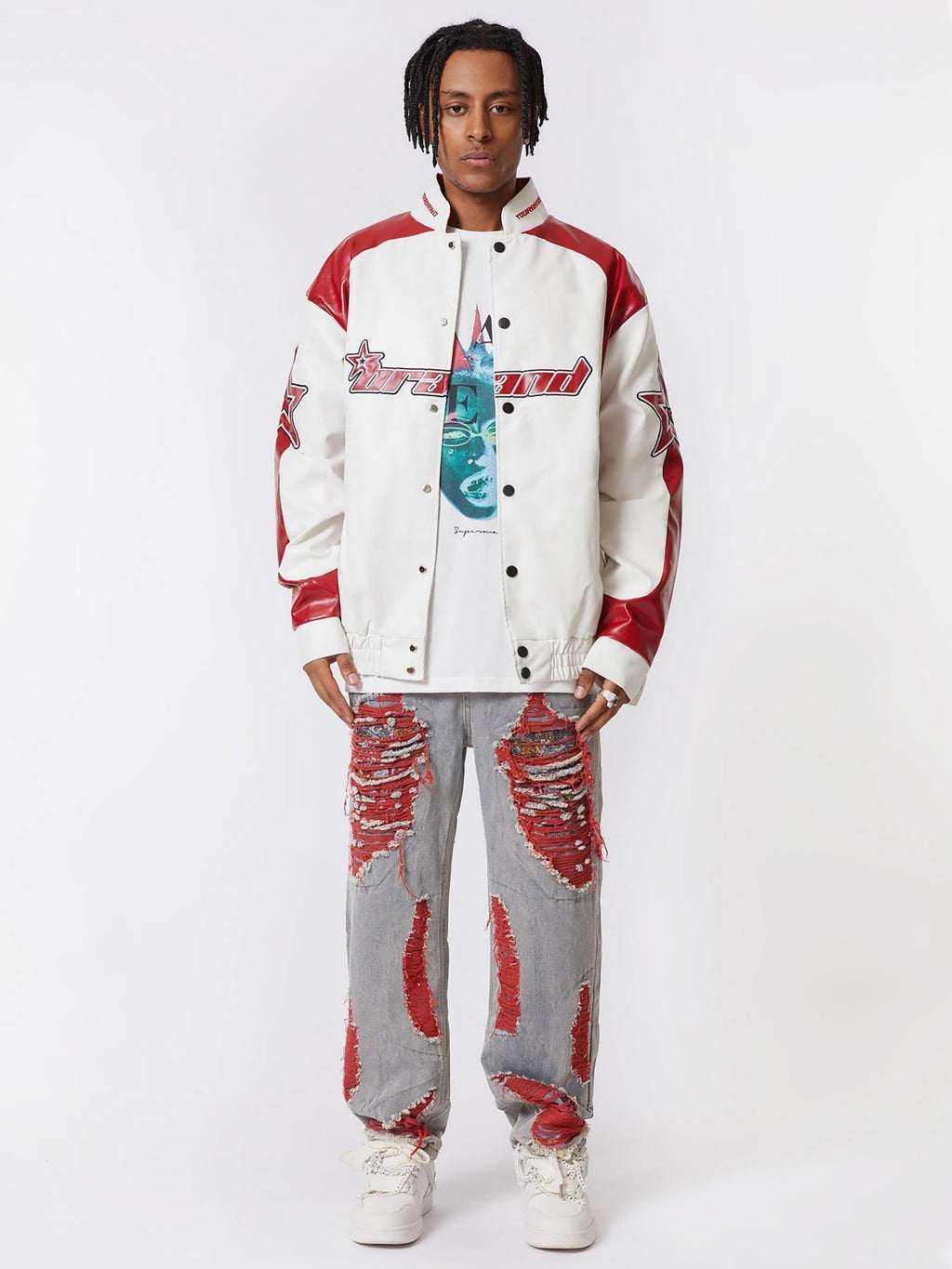 RED AND WHITE VARSITY JACKET WITH STAND COLLAR - TRENDY CASUAL LONG SLEEVE