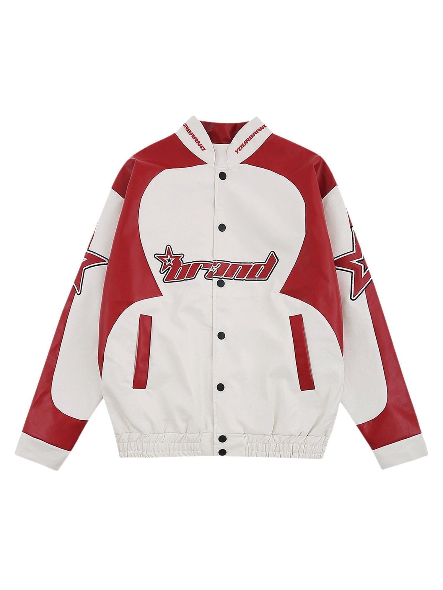 RED AND WHITE VARSITY JACKET WITH STAND COLLAR - TRENDY CASUAL LONG SLEEVE
