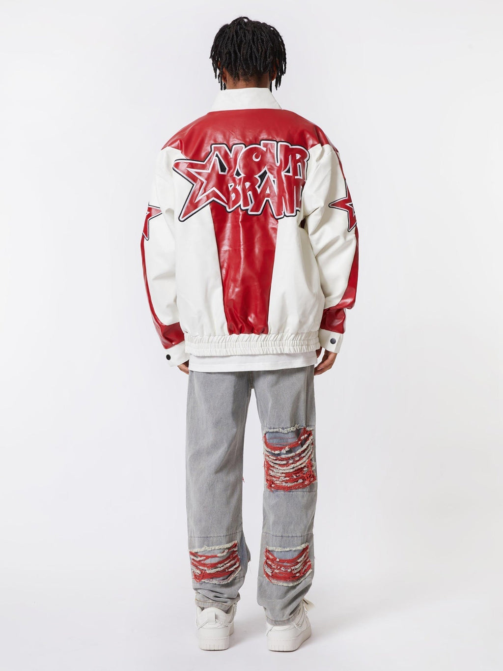 RED AND WHITE VARSITY JACKET WITH STAND COLLAR - TRENDY CASUAL LONG SLEEVE