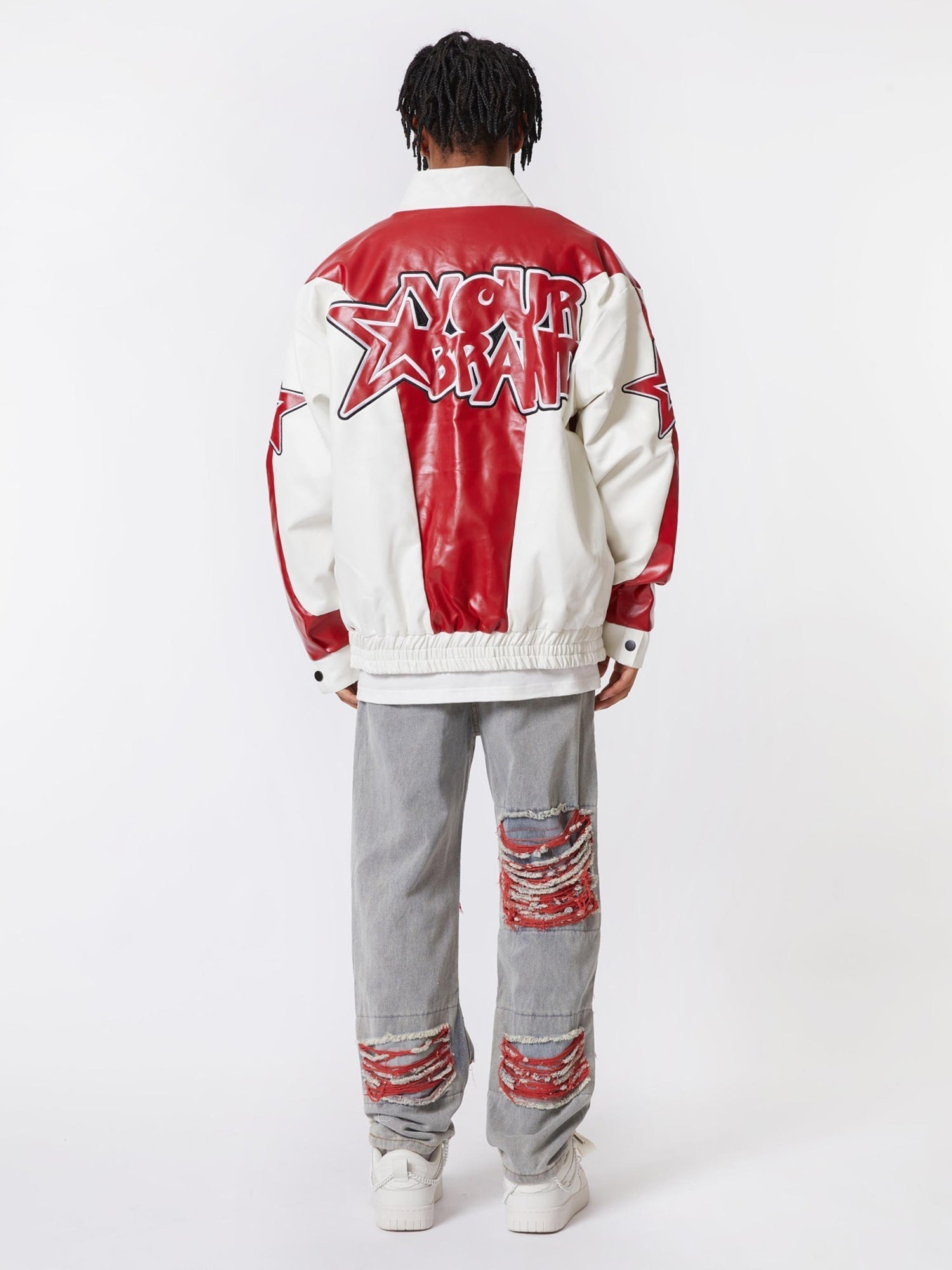 RED AND WHITE VARSITY JACKET WITH STAND COLLAR - TRENDY CASUAL LONG SLEEVE