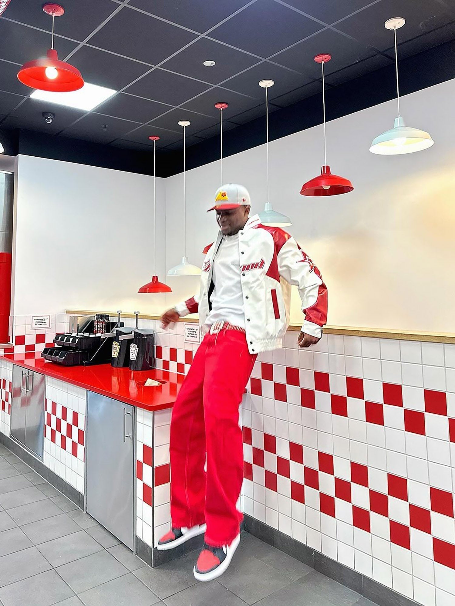 RED AND WHITE VARSITY JACKET WITH STAND COLLAR - TRENDY CASUAL LONG SLEEVE