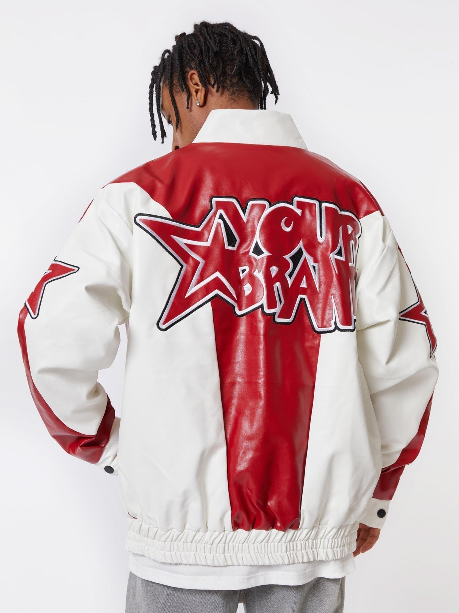 RED AND WHITE VARSITY JACKET WITH STAND COLLAR - TRENDY CASUAL LONG SLEEVE
