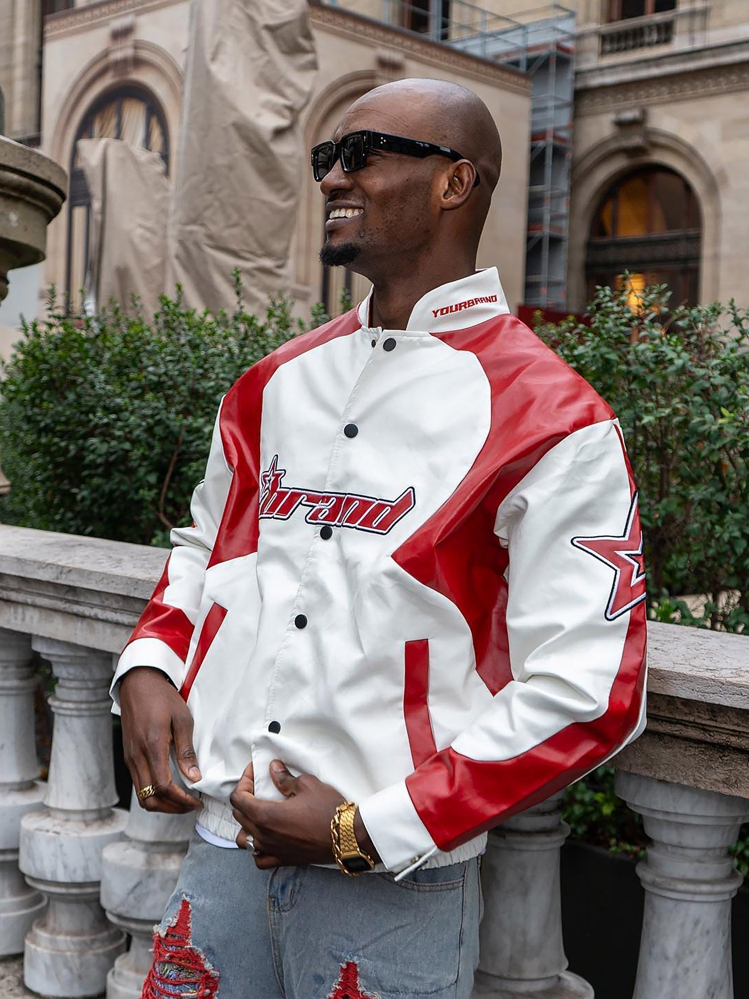 RED AND WHITE VARSITY JACKET WITH STAND COLLAR - TRENDY CASUAL LONG SLEEVE