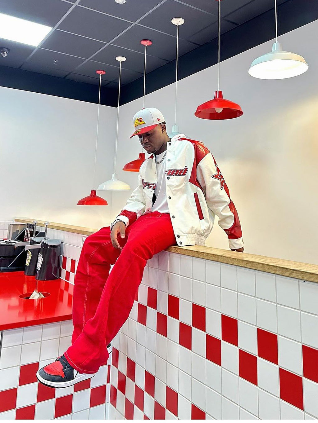 RED AND WHITE VARSITY JACKET WITH STAND COLLAR - TRENDY CASUAL LONG SLEEVE