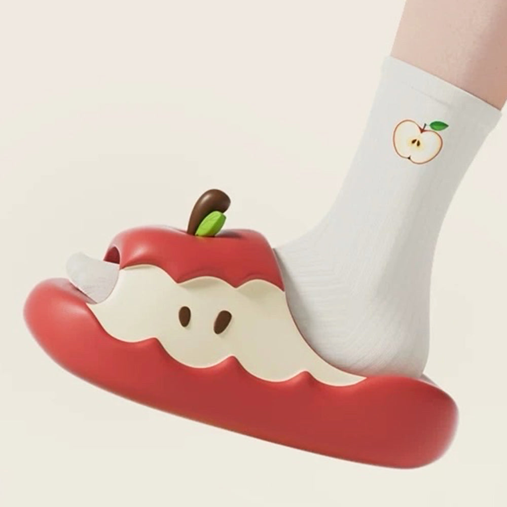 RED APPLE-SHAPED SLIPPERS WITH APPLE CORE DESIGN