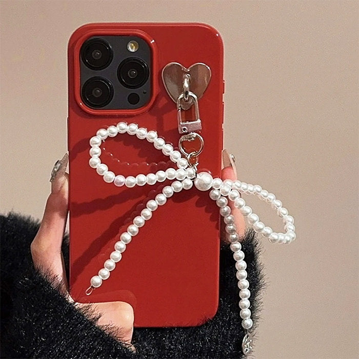 RED BOWKNOT IPHONE CASE WITH PEARL BOW AND HEART CHARM