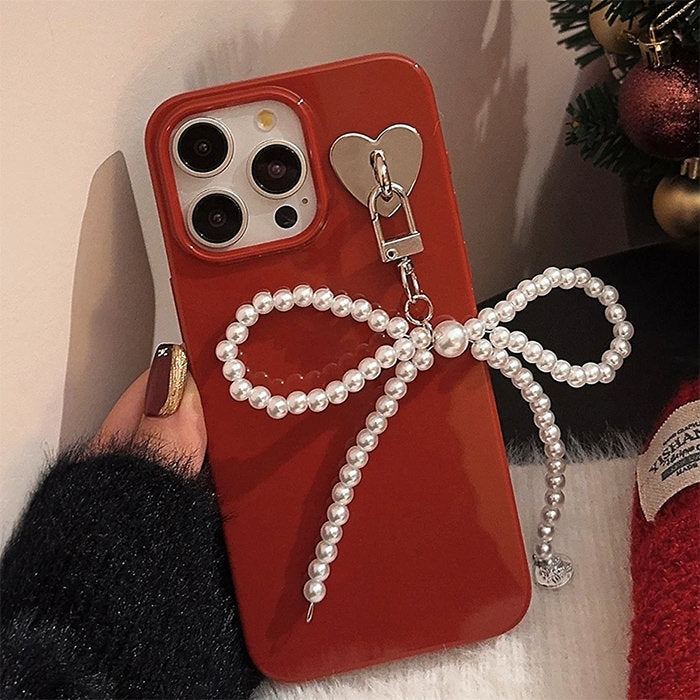 RED BOWKNOT IPHONE CASE WITH PEARL BOW AND HEART CHARM