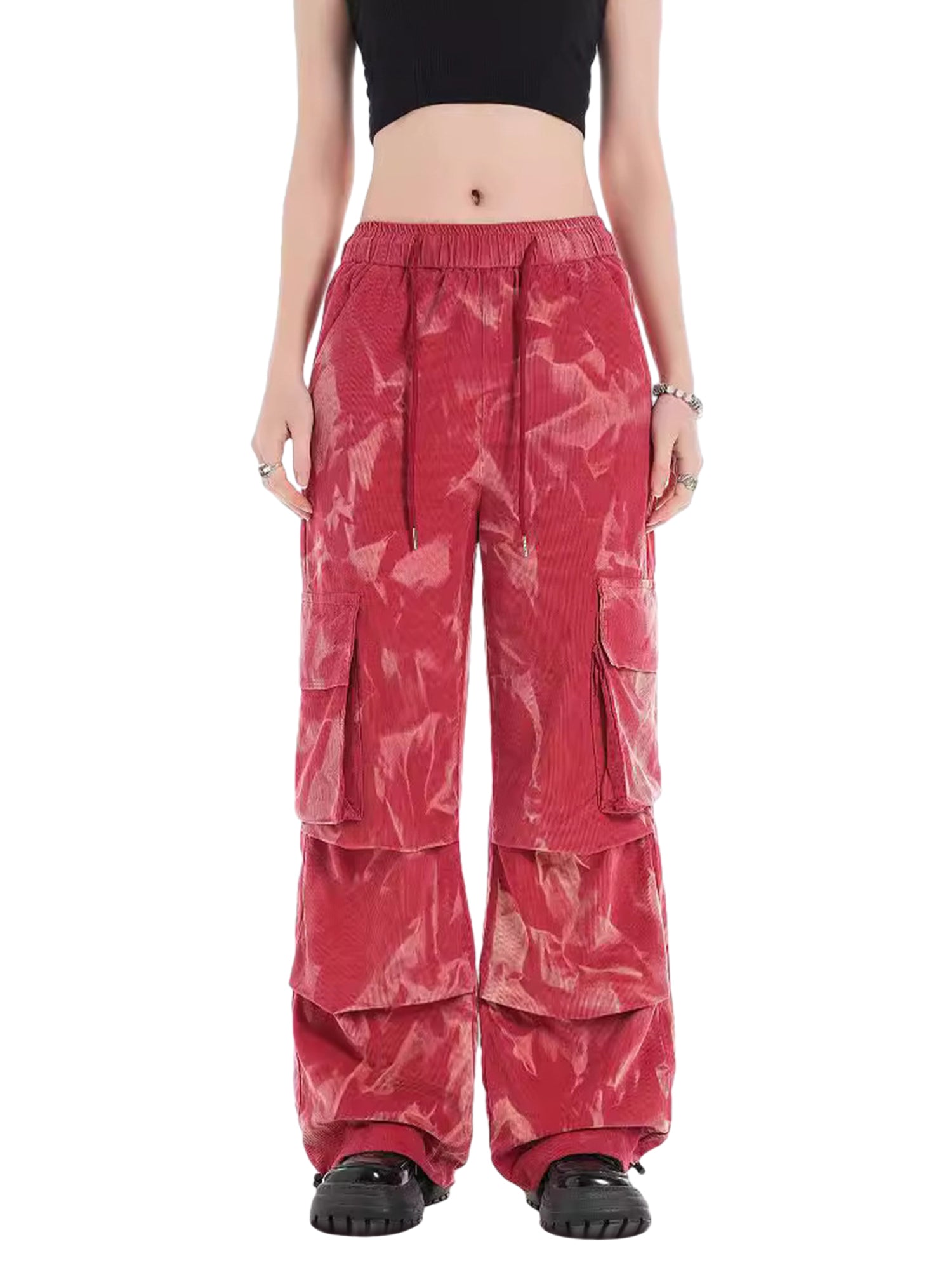 RED CARGO PANTS WITH DRAWSTRING WAIST - MID WAIST WIDE LEG STYLE