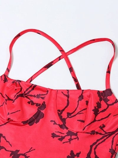 RED FLORAL PRINT MAXI DRESS WITH PRINT HALTER DETAIL