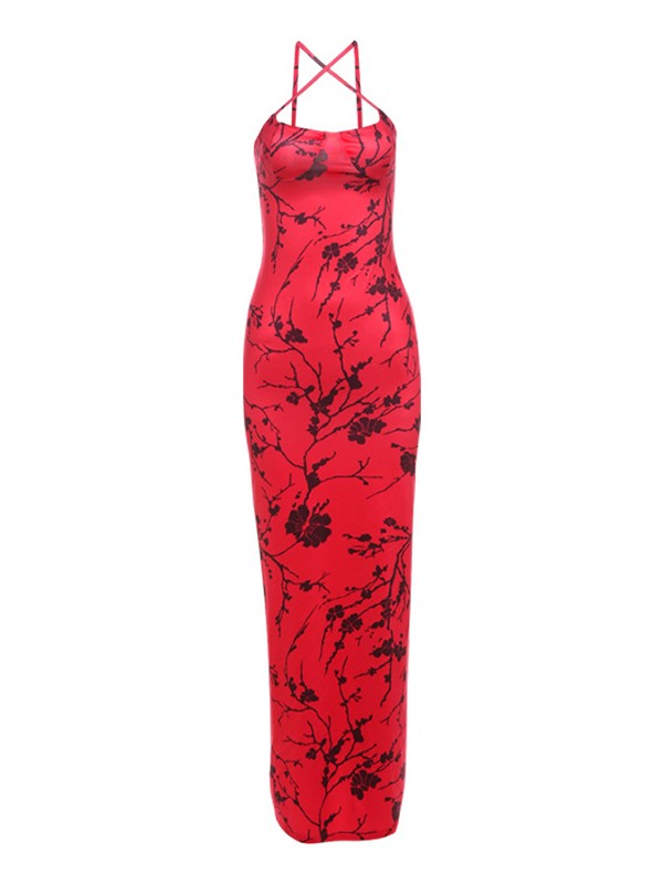 RED FLORAL PRINT MAXI DRESS WITH PRINT HALTER DETAIL