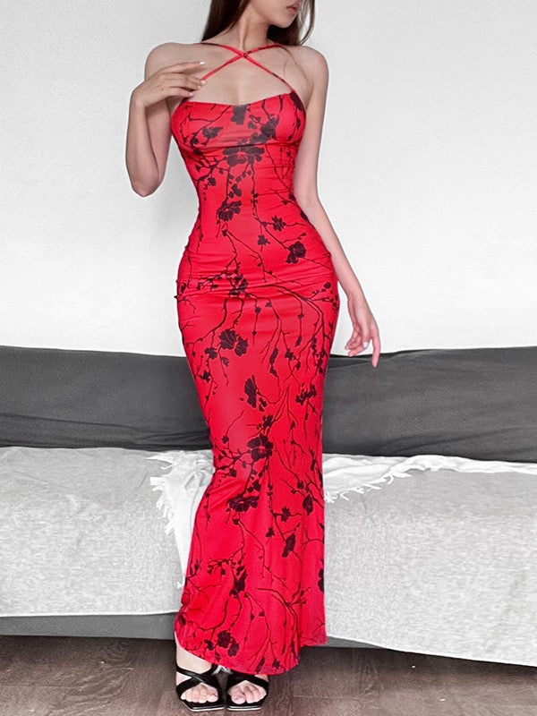 RED FLORAL PRINT MAXI DRESS WITH PRINT HALTER DETAIL