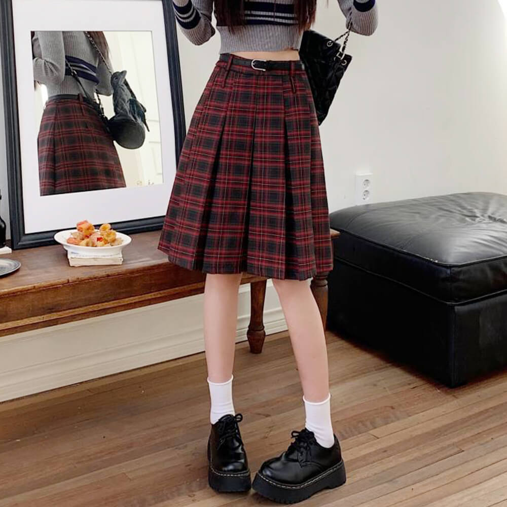 RED PLAID CHECKERED MIDI SKIRT