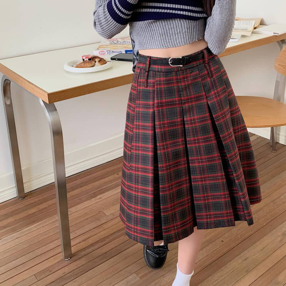 RED PLAID CHECKERED MIDI SKIRT