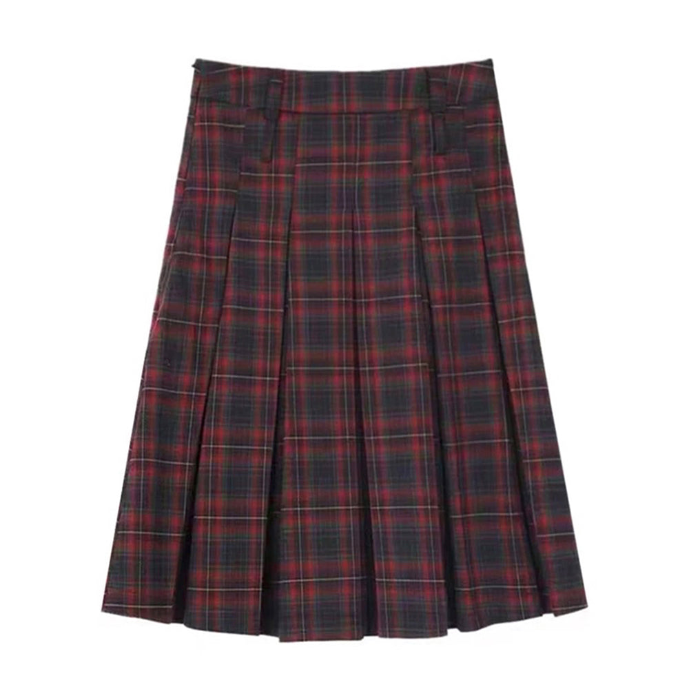 RED PLAID CHECKERED MIDI SKIRT