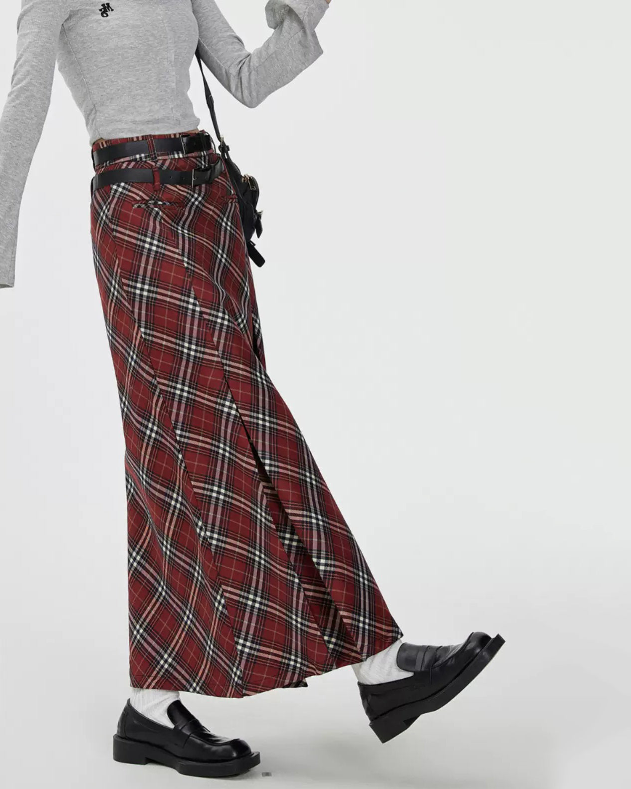 RED PLAID MAXI SKIRT WITH BELT