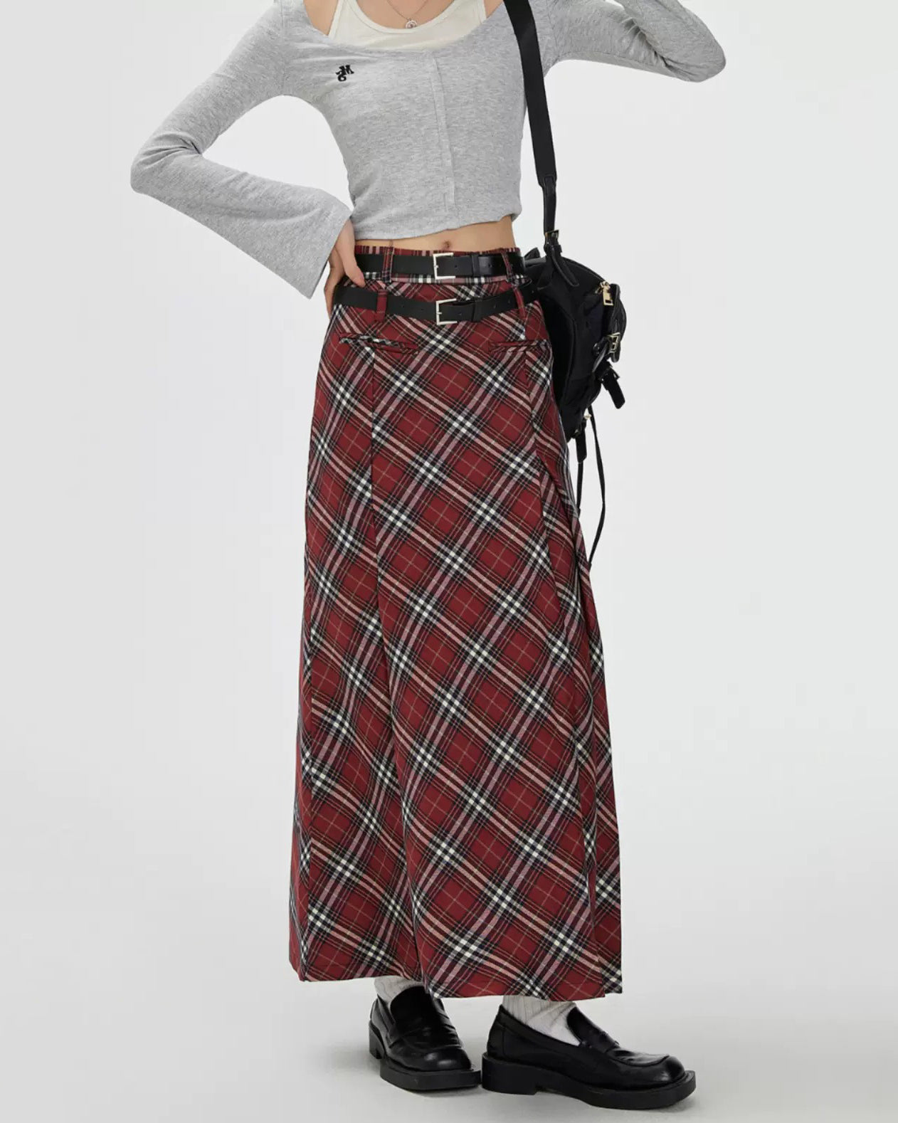 RED PLAID MAXI SKIRT WITH BELT