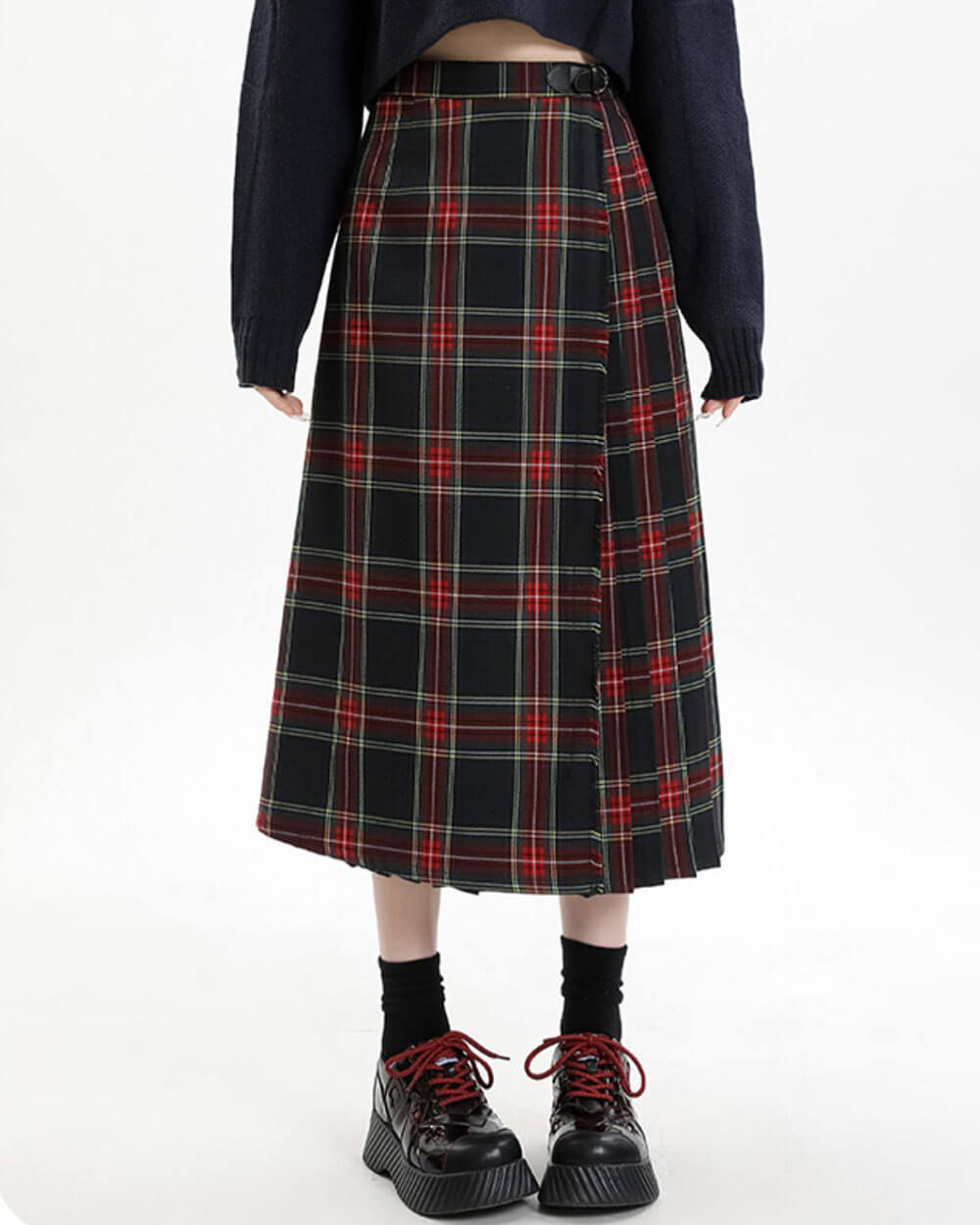 RED PLAID MIDI SKIRT: LAYERED PLEATS