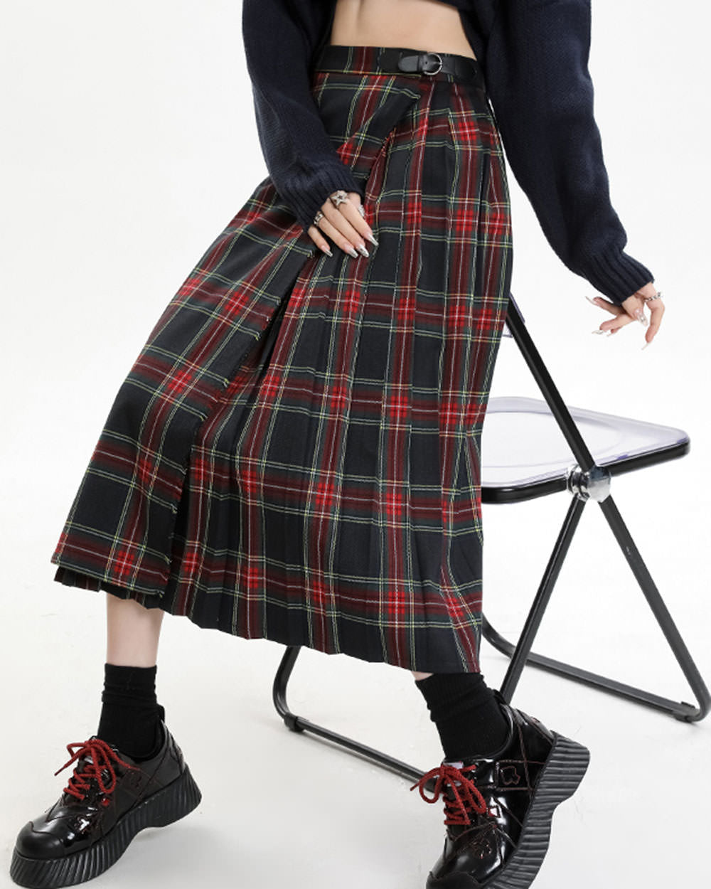 RED PLAID MIDI SKIRT: LAYERED PLEATS