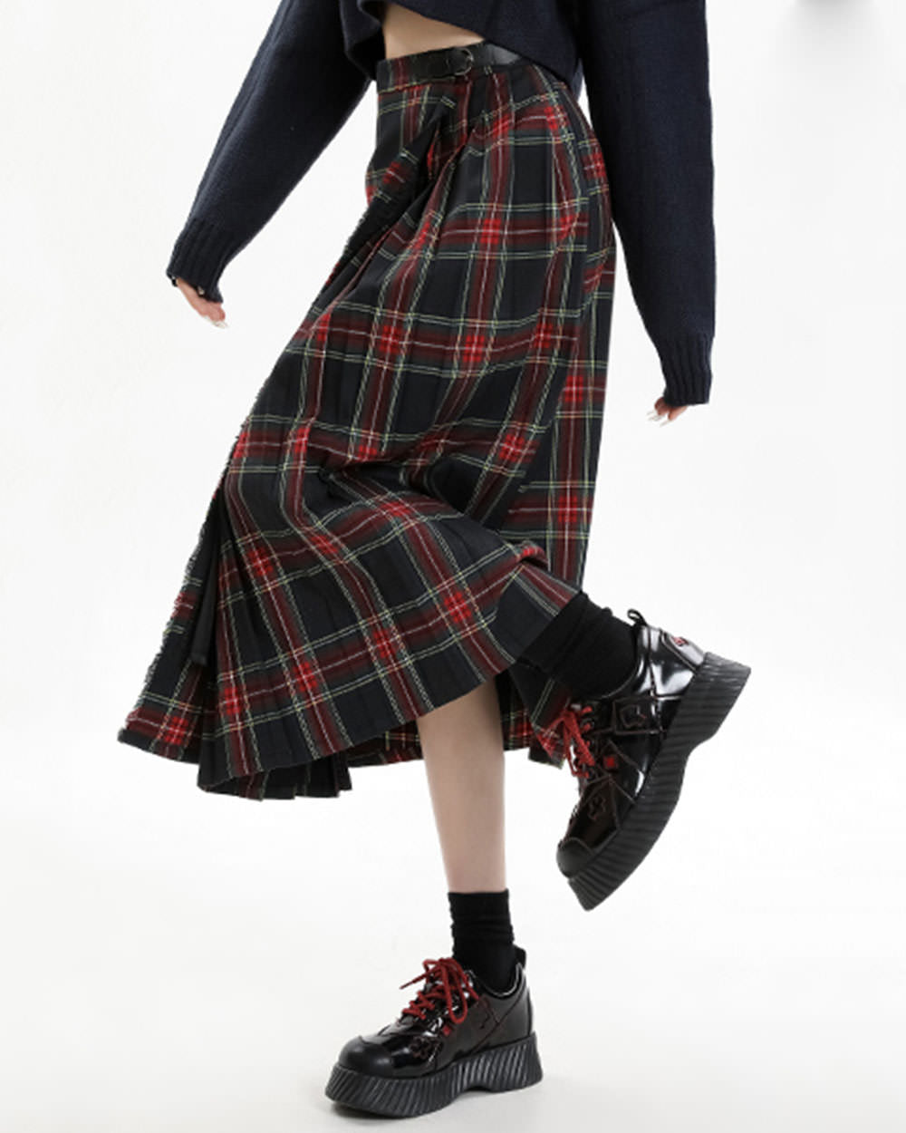 RED PLAID MIDI SKIRT: LAYERED PLEATS