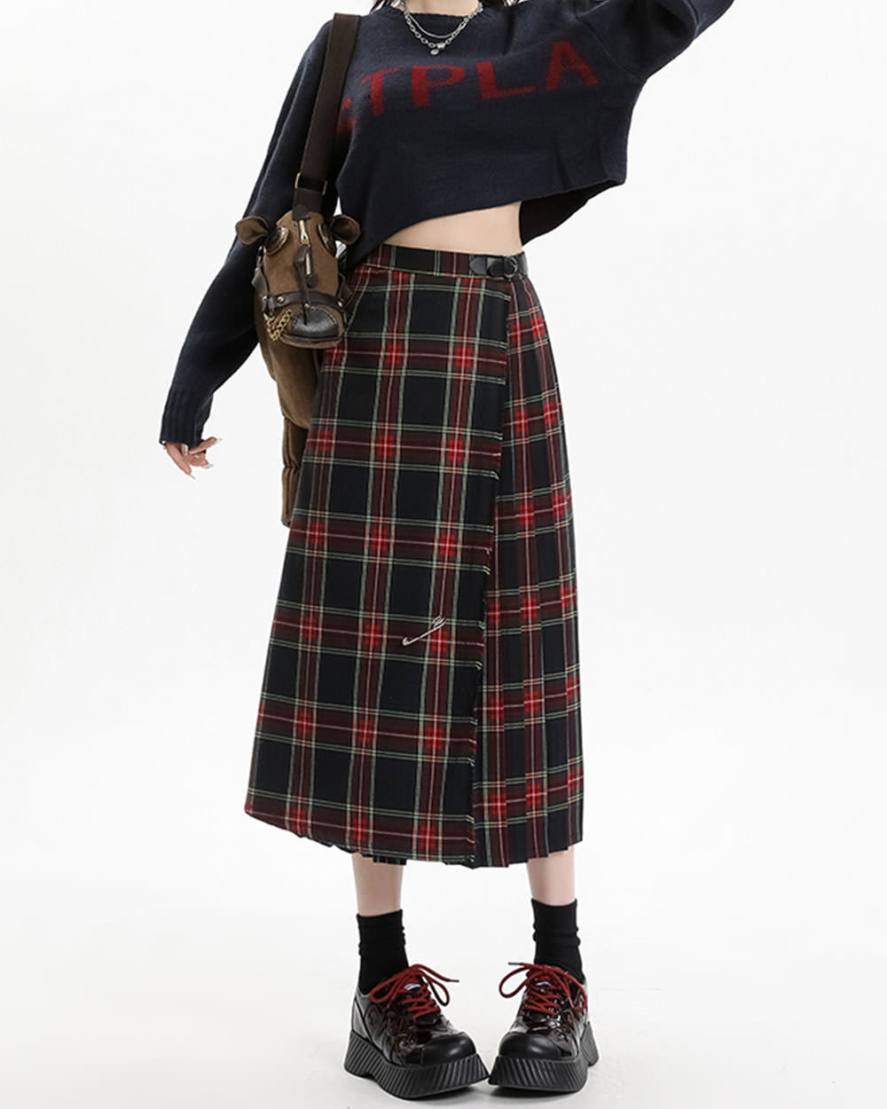 RED PLAID MIDI SKIRT: LAYERED PLEATS