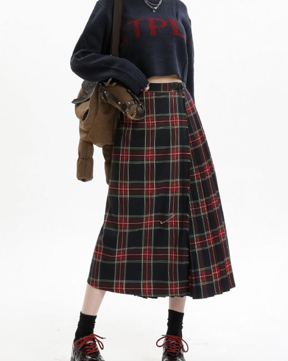 RED PLAID MIDI SKIRT: LAYERED PLEATS
