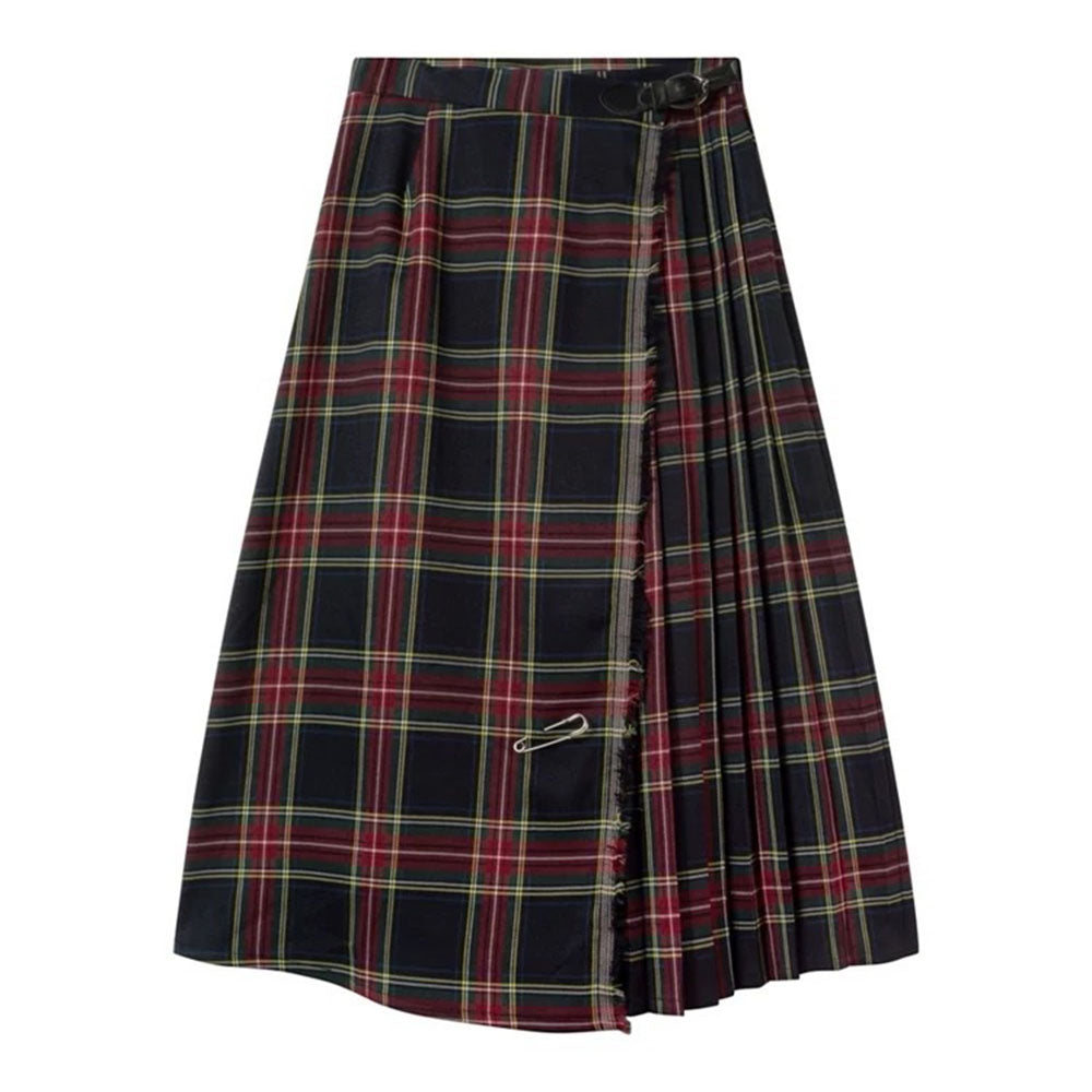 RED PLAID MIDI SKIRT: LAYERED PLEATS