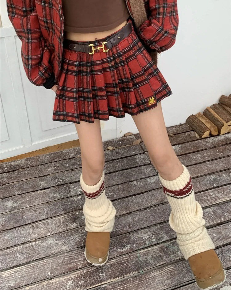 RED PLAID MINI SKIRT WITH FAUX LEATHER BELT
