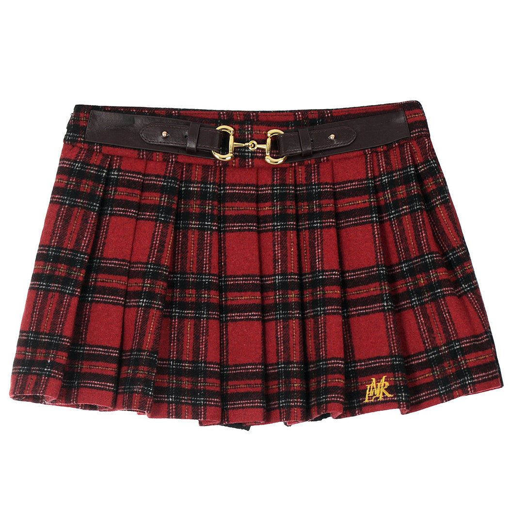 RED PLAID MINI SKIRT WITH FAUX LEATHER BELT