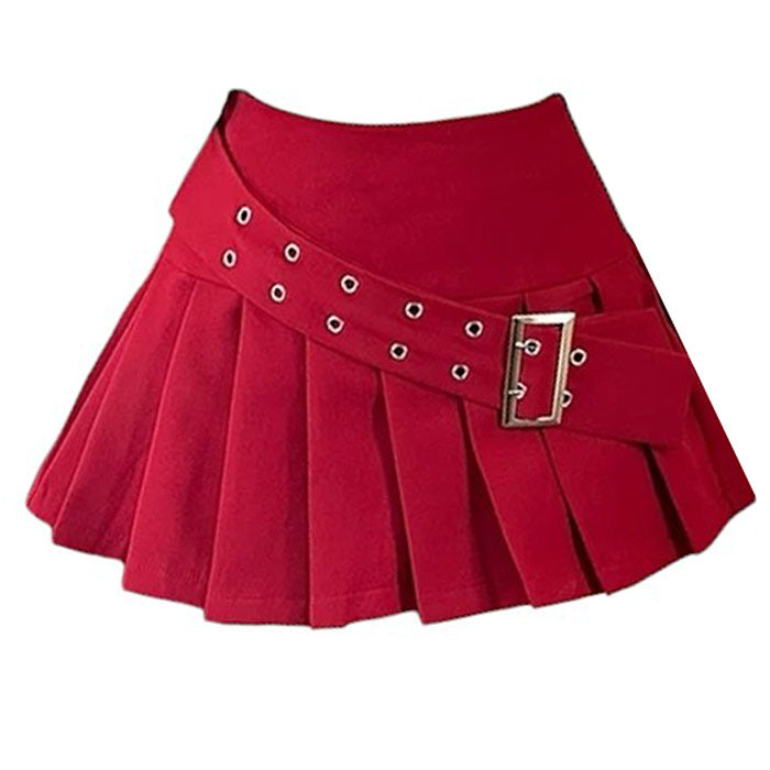 RED PLEATED MINI SKIRT BOLD BUCKLE BELT