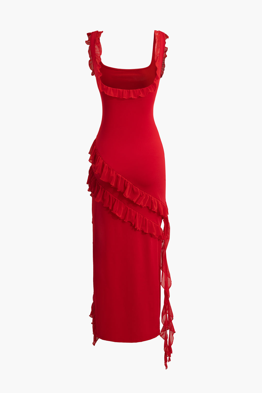 RED RUFFLED MAXI DRESS FOR ELEGANT SPECIAL OCCASION