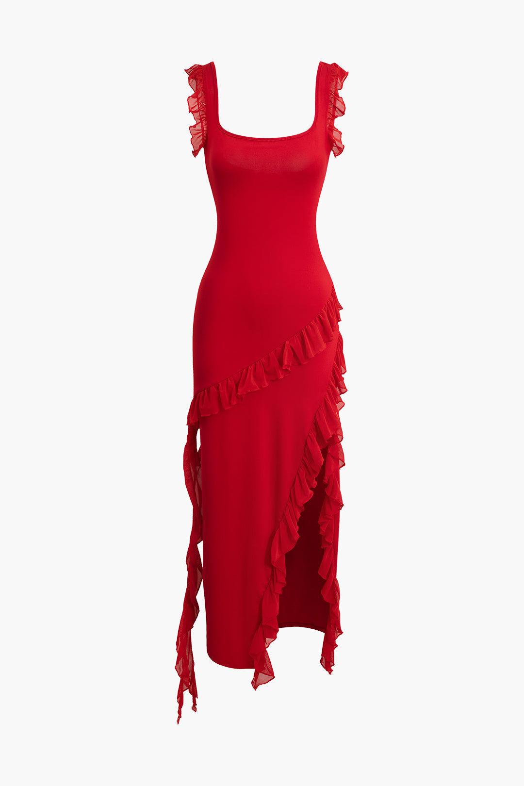 RED RUFFLED MAXI DRESS FOR ELEGANT SPECIAL OCCASION