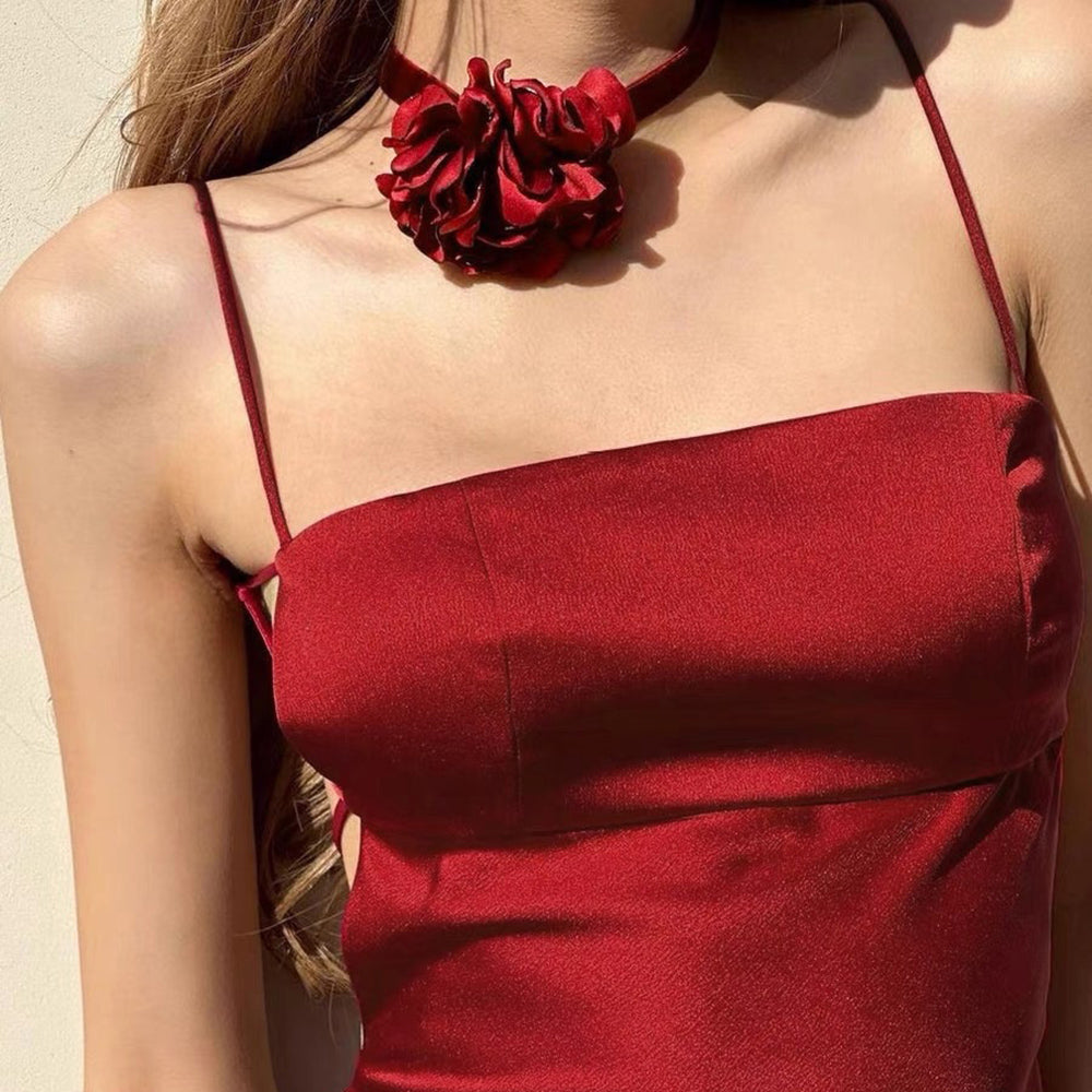 RED SATIN SLIP DRESS WITH MATCHING CHOKER FOR ELEGANT OCCASIONS
