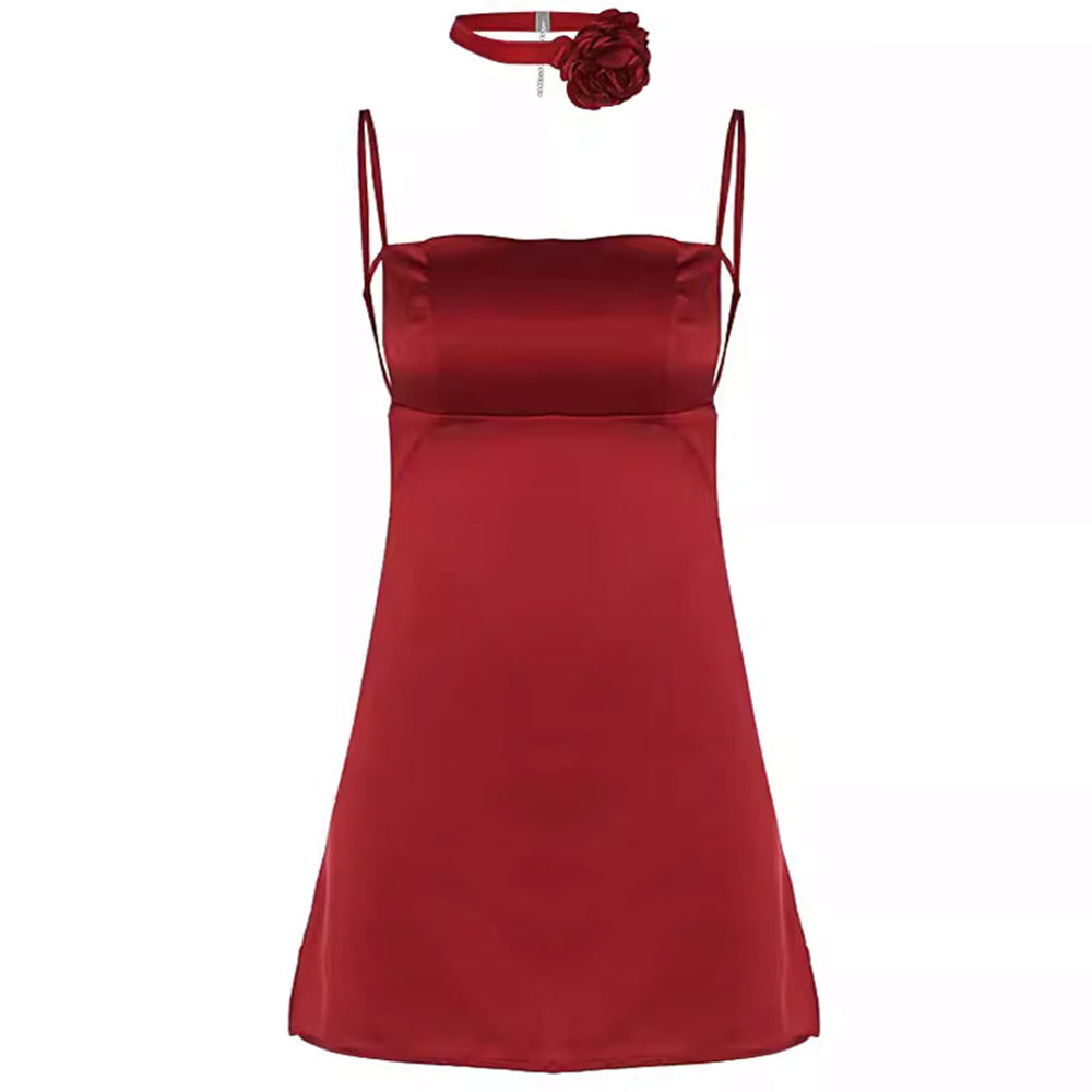 RED SATIN SLIP DRESS WITH MATCHING CHOKER FOR ELEGANT OCCASIONS