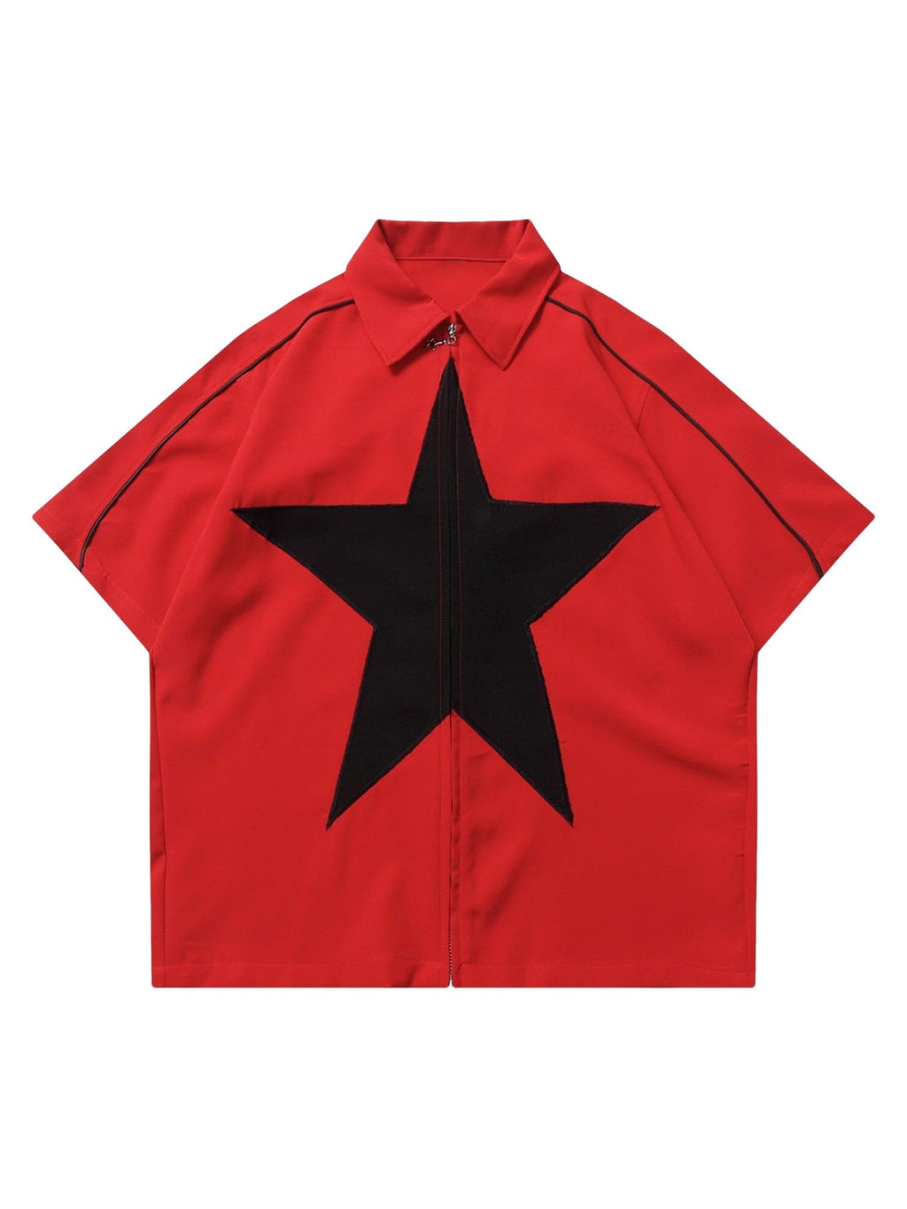 RED SHORT SLEEVE SHIRT WITH BLACK STAR - TRENDY CASUAL STYLE