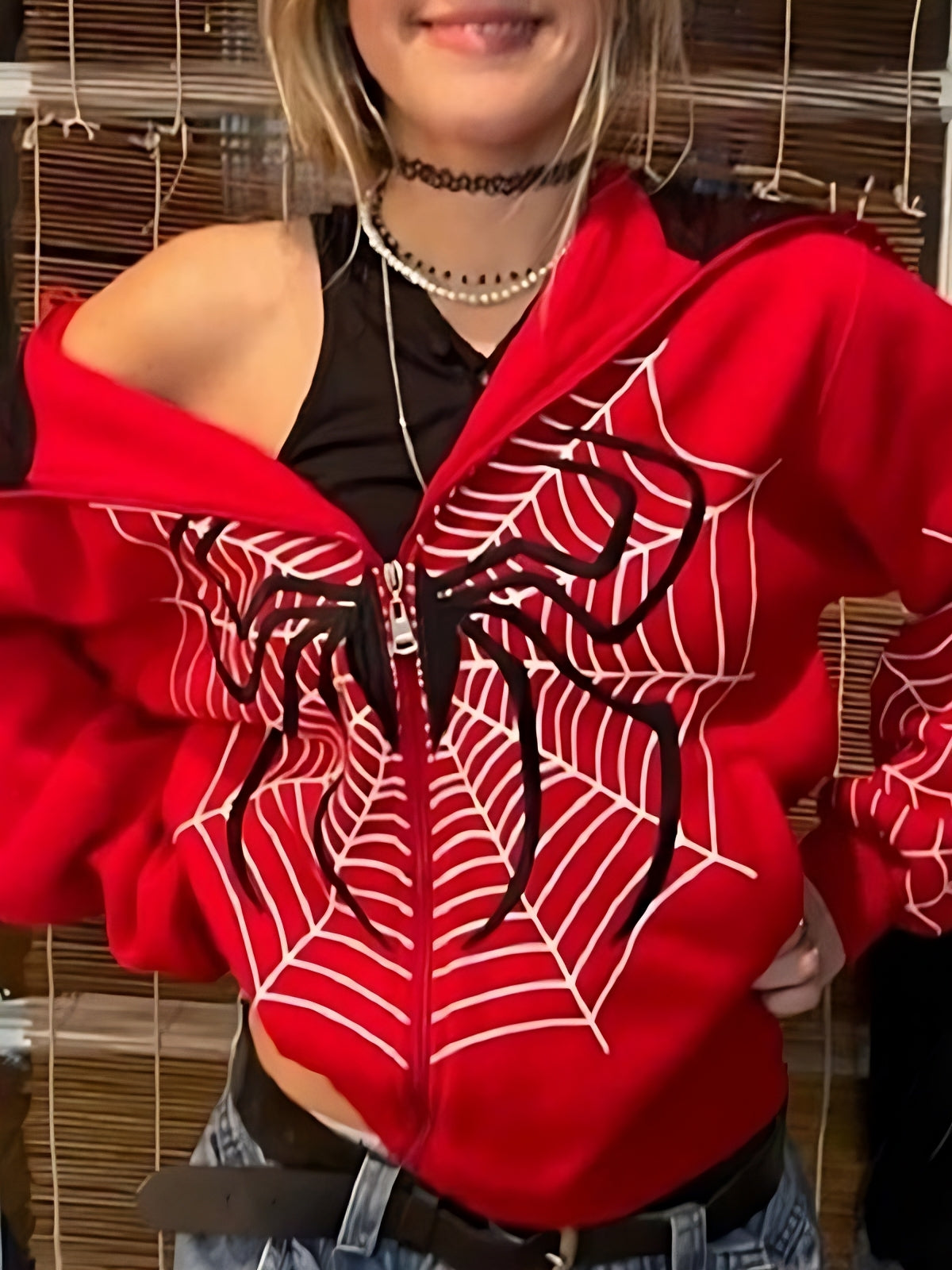 RED SPIDERWEB ZIP-UP HOODIE IN CASUAL COTTON BLEND