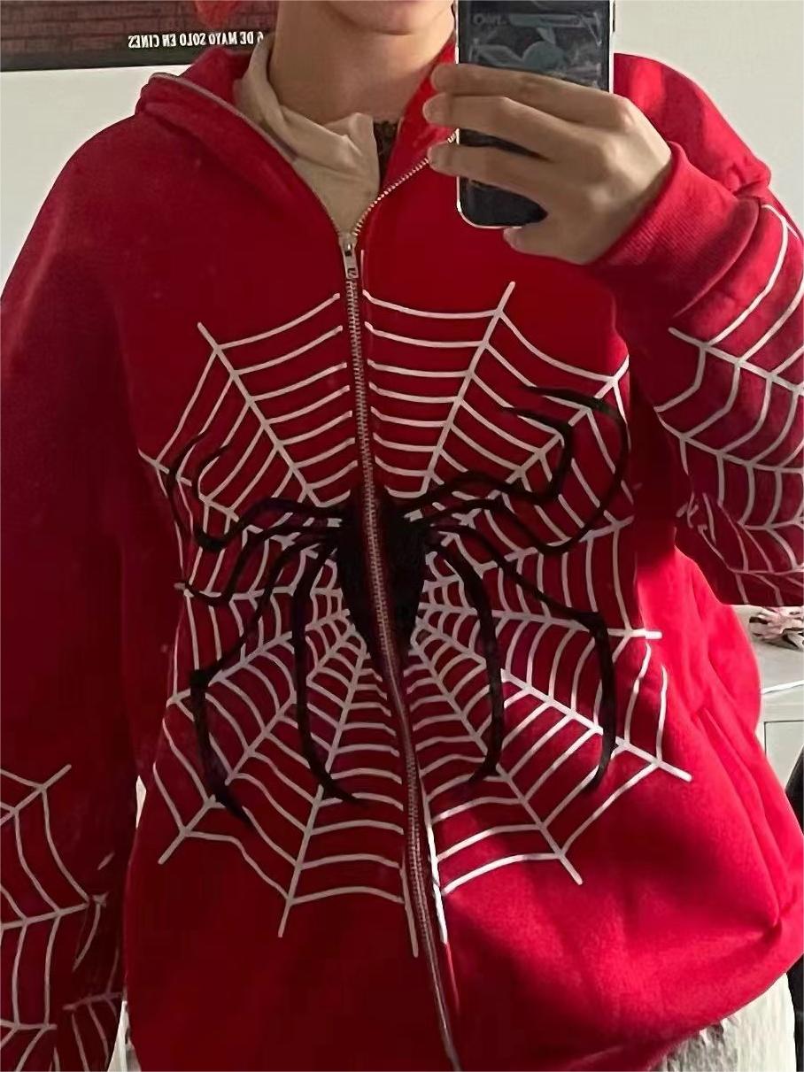 RED SPIDERWEB ZIP-UP HOODIE IN CASUAL COTTON BLEND