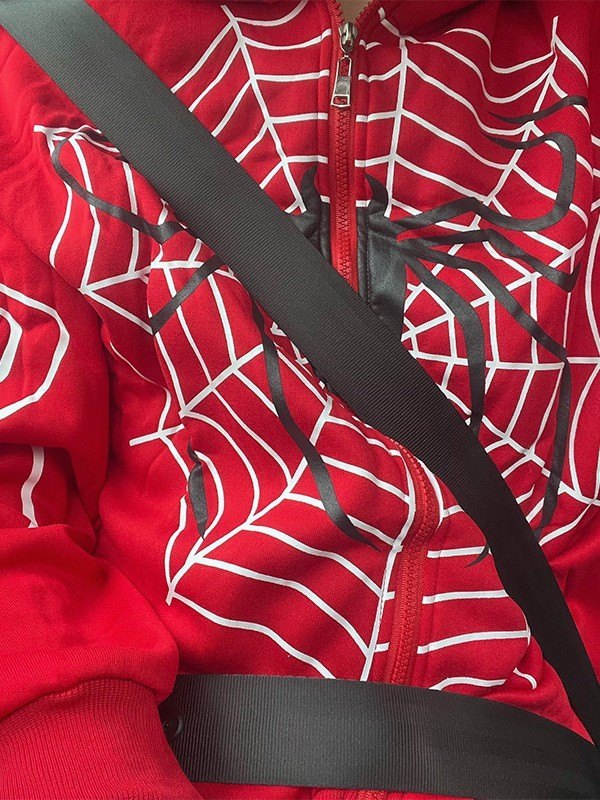 RED SPIDERWEB ZIP-UP HOODIE IN CASUAL COTTON BLEND