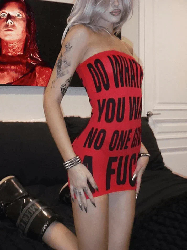 RED STRAPLESS MINI DRESS WITH TRENDY LETTER PRINT DESIGN