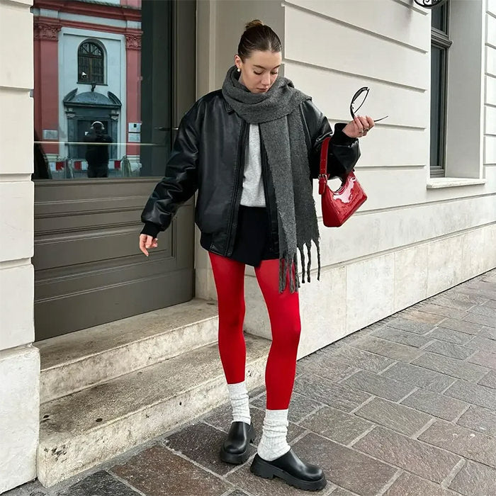RED TIGHTS AND BLACK MARY JANE SHOES FASHION ACCESSORIES