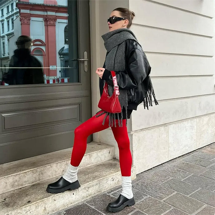 RED TIGHTS AND BLACK MARY JANE SHOES FASHION ACCESSORIES