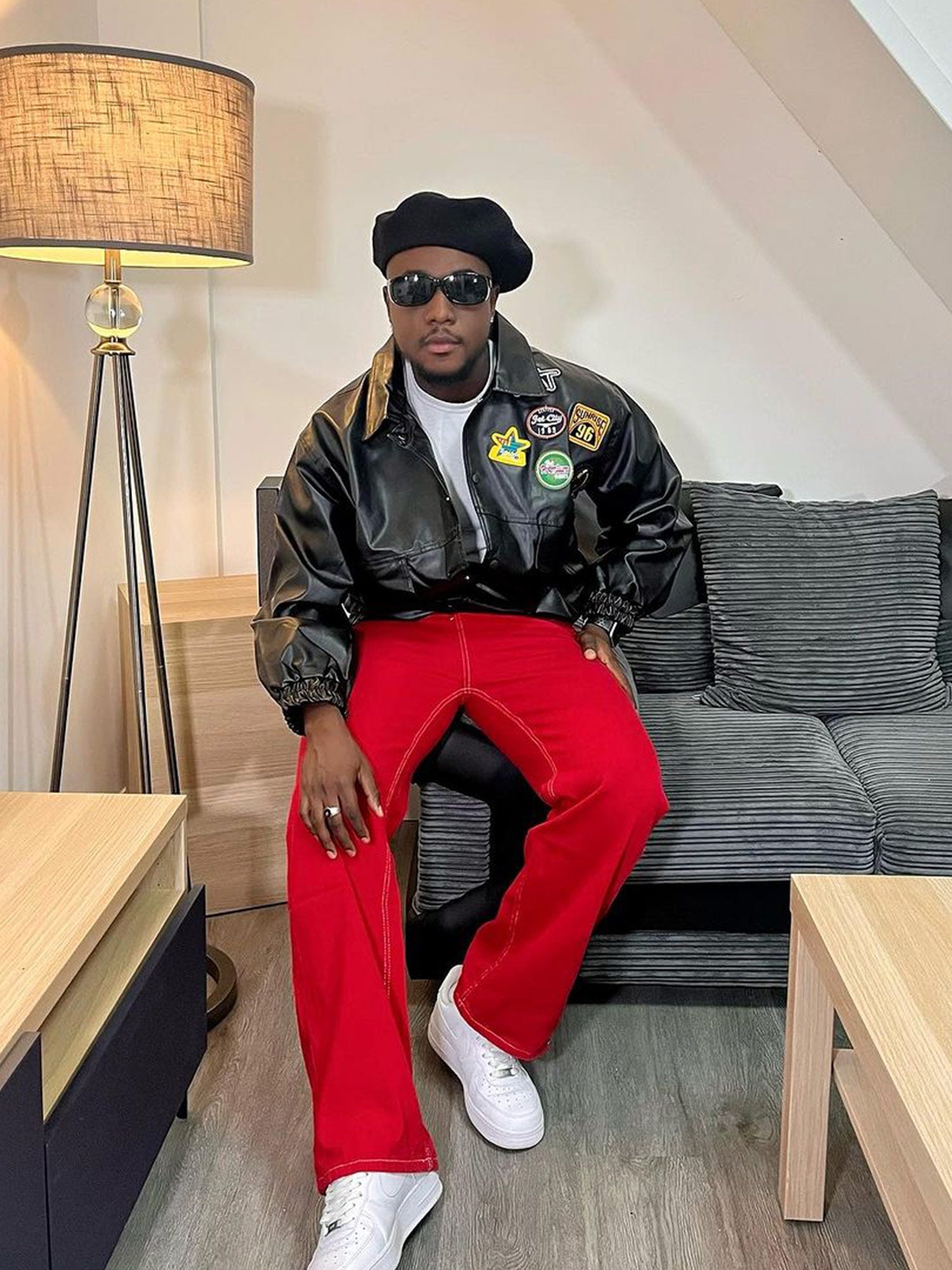 RED WIDE-LEG JEANS WITH FLAME POCKET AND FLAME STITCHING DETAILS