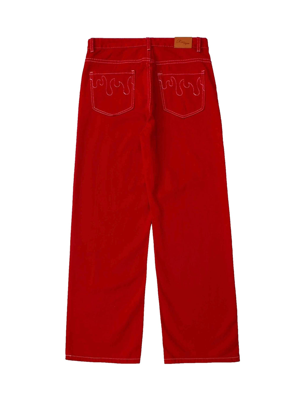 RED WIDE-LEG JEANS WITH FLAME POCKET AND FLAME STITCHING DETAILS