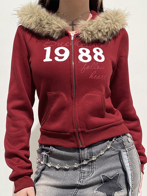 RED ZIP-UP HOODIE WITH FUR TRIM AND RED DIGITAL PRINT DESIGN