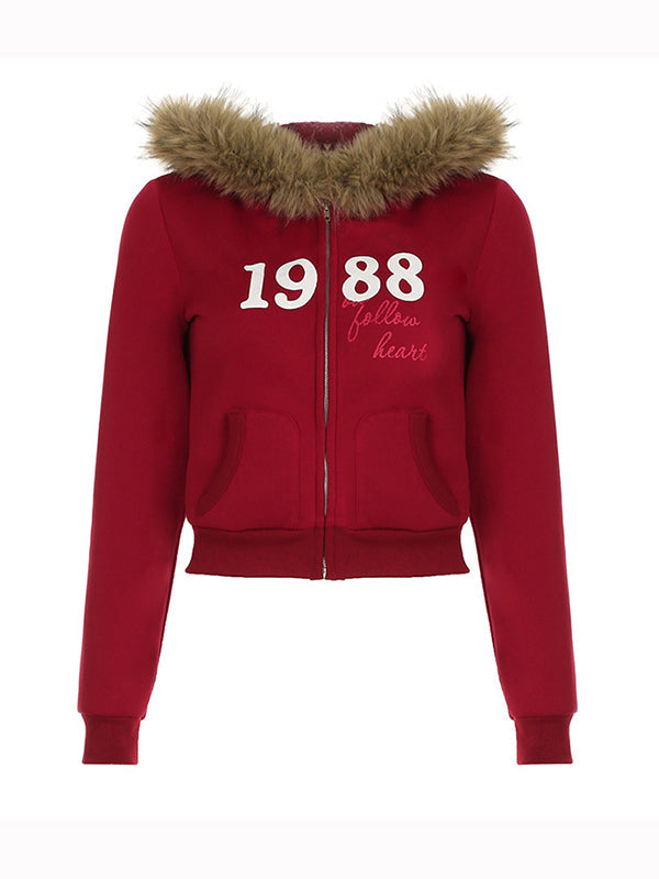RED ZIP-UP HOODIE WITH FUR TRIM AND RED DIGITAL PRINT DESIGN